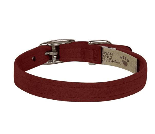 Stylish red dog collar with metal buckle, perfect for small to medium pets, featuring durable fabric and adjustable fit for comfort and security.